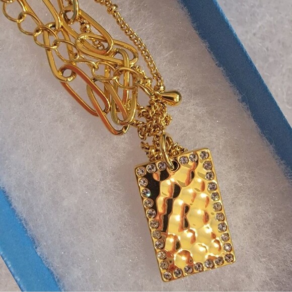 #Touchstone Golden Crystal Hammered Rect Pendant Dble Chain Necklace #NWOT #NIB - Picture 2 of 8